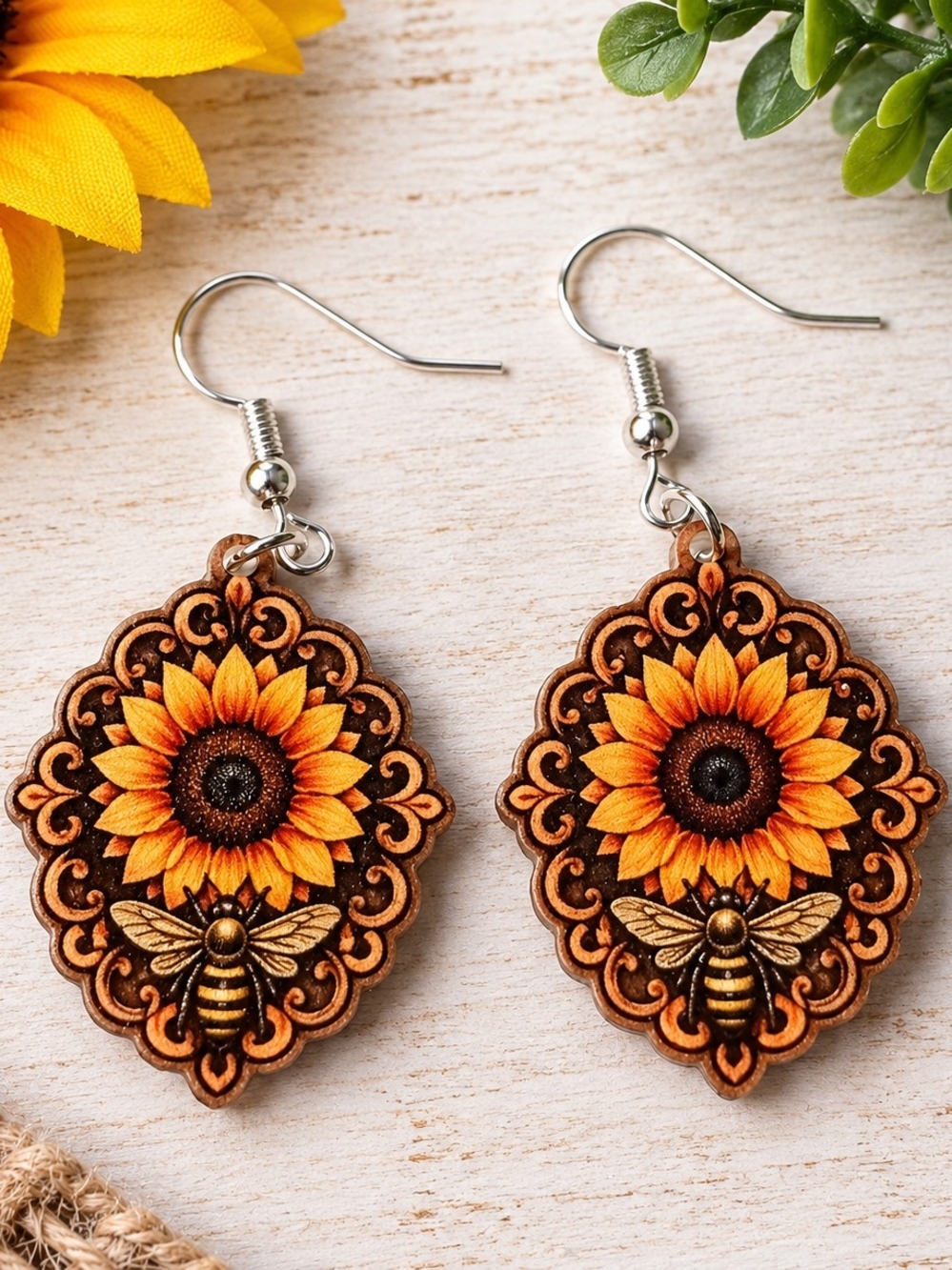 Sunflower & Bee Drop Earrings - Yellow Floral Jewelry